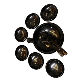 1970s Asian Black Lacquer Serving Set - Set of of 7