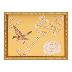 Silk Painting, Bird on Branch Wings Spread, Framed