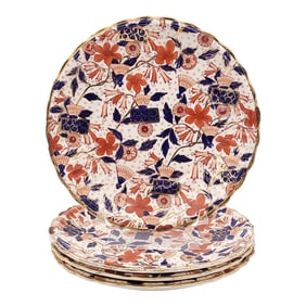 Circa 1880 Hand-Decorated Plates in Rust, Cobalt Blue, and Gold, Staffordshire, England- Set of 4