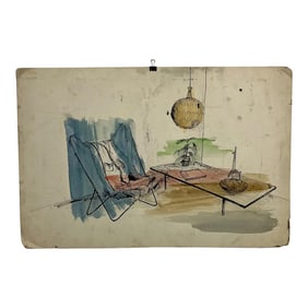 1960s Cool Blue Watercolor Ink on Paper Mod Interior Butterfly Chair + Pendant