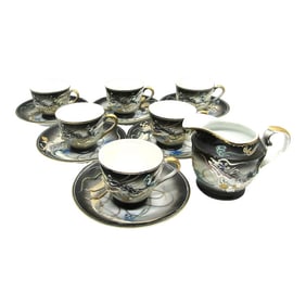 1940s Nippon Moriage Dragonware 6 Cups, 6 Saucers and 1 Creamer Set- 7 Pieces