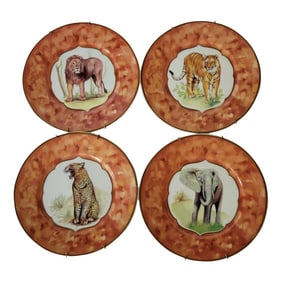 Godinger Limoges 7.5 Salad Plates Tiger Elephant Lion Leopard - Set of 4