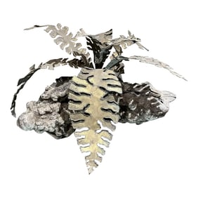 1970s Burlwood Root Sculpture Torch Cut Brass Leaves