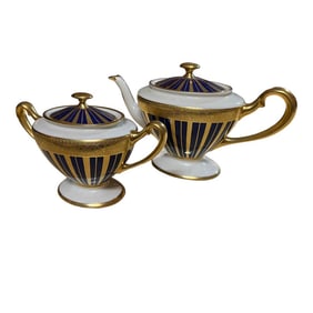 1970s Regency Gold and Blue Coffee Creamer Ceramic Set- 2 Pieces