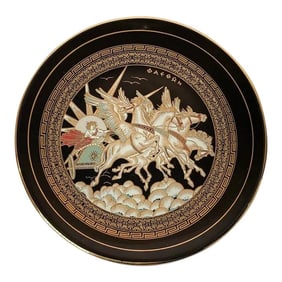 Greek Warriors Black With 24k Gold Porcelain Decorative Wall Plate 1970's