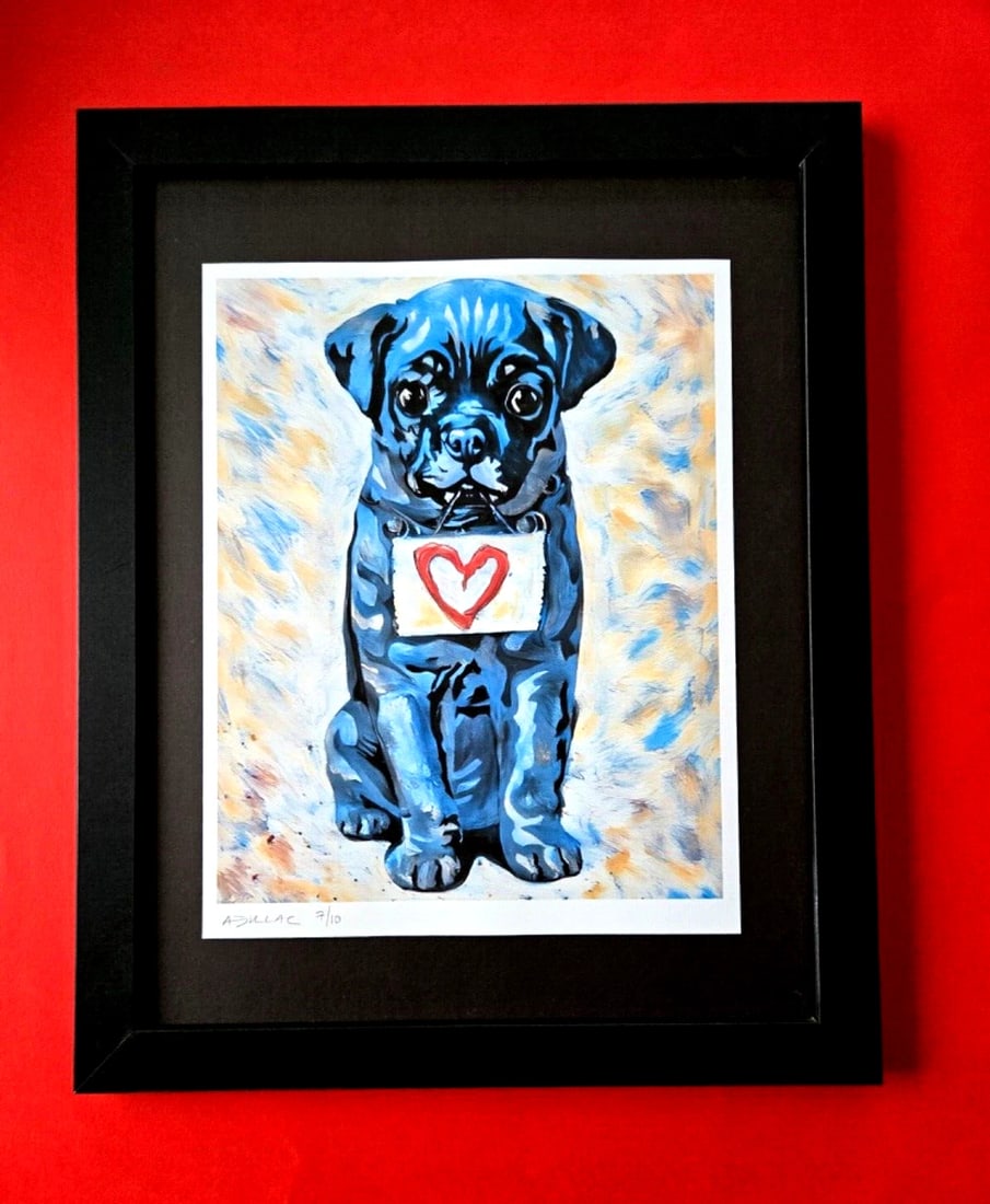 ALEXANDER DULAC | MY BANKSY PUPPY Hand Signed Print Edition of 10 COA: My art is a celebration of the grandeur and splendor of the Legends of our Time. Through my portraits, I seek to immortalize those who not only define but also inspire aspiration and luxury in our con