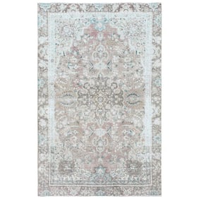 Red Clean Pure Wool Bohemian Worn Down Vintage Look Persian Tabriz Rug