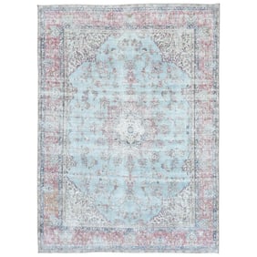 Blue Distressed Look Worn Wool Hand Knotted Vintage Persian Kerman Rug
