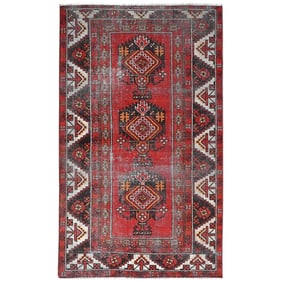 Tomato Red, Hand Knotted Vintage Persian Baluch, Worn Wool Rug