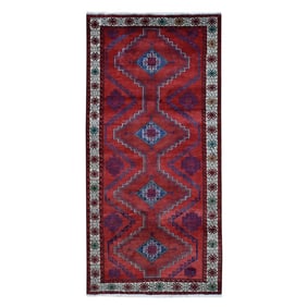 Red, Vintage Persian Hamadan, Pure Wool, Hand Knotted Wide Runner Rug