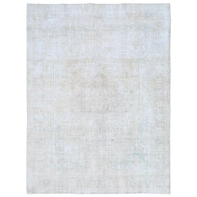 Beige Shabby Chic Vintage Persian Tabriz Hand Knotted Worn Wool Rug