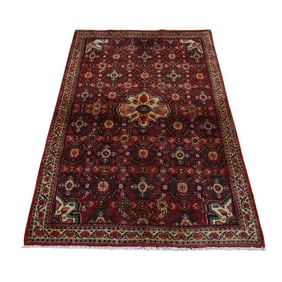 Maroon Red, Vintage Fish Mahi Herat Design Hand Knotted Pure Wool Rug