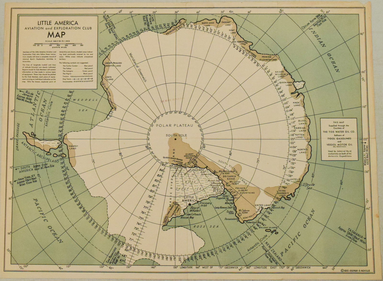 1933 Noville Map of Antarctica and Admiral Byrd's Little America -- Little America Aviation and (1 of 1)