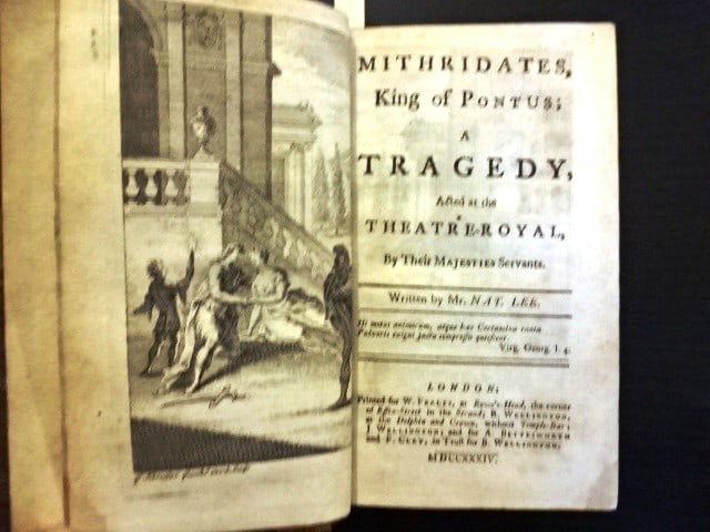 1734 Nathaniel Lee Dramatic Works Plays: A bound volume of plays of Nathaniel Lee (1653-1692) containing " Mithradites, King of Pontus", "Caesar Borgia. Son of Pope Alexander VI", "Constantine the Great", "The Duke of Guise". Each with own t