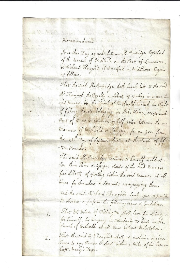 1760 Manuscript Hunting English Manor: An English Memorandum regarding te manor of Methwold in Norfolk authorizing individuals to sport or hunt by Henry Partridge, Lord of the manor. Circa 1760-1770. Two pages, integral blank attached. Mea