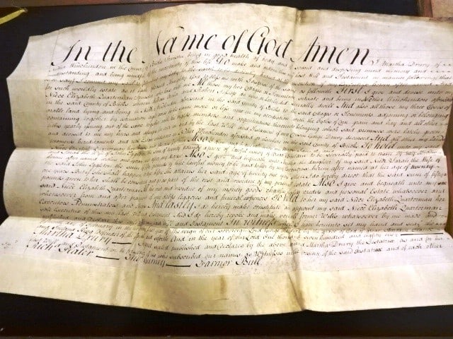 1781 English Vellum Will of a Spinster Drury: Beautifully penned English vellum Will of Martha Drury of Nether Winchendon in the county of Bucks, a Spinster, dated 1781. Measures 21.5 x 14" in Very Good condition and accompanied by genealogical i