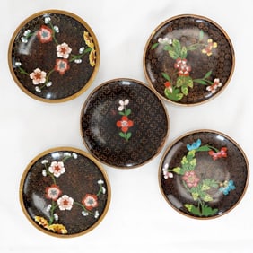 5 1930s Chinese Floral Cloisonne Coasters
