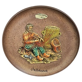 Vintage Vallauris Ceramic Plate with "Weaver" Bas-Relief