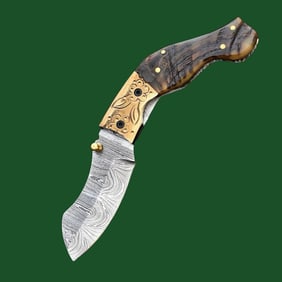 Pocket Damascus Knife Ram Horn Grip Custom Blade