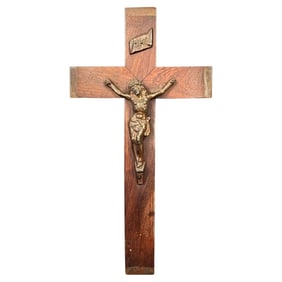 Antique Wall Crucifix in Wood and Regule – Esoteric Religious Art