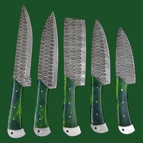 Green Resin Handle Damascus Custom Knives Set of 5