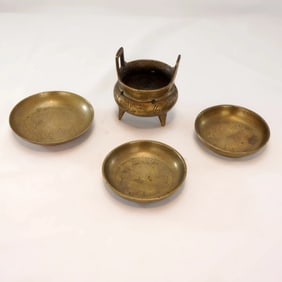 Antique Chinese Brass Censer and 3 Saucers