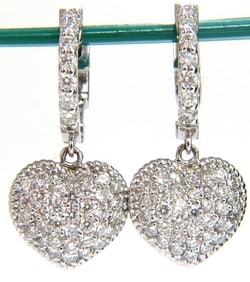1.30ct dangling hearts on hoop diamonds earrings 14kt g/vs locking lever++