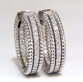 1.00ct natural diamond hoop earrings 14kt g/vs Barley Rope Twist 3D & Button++