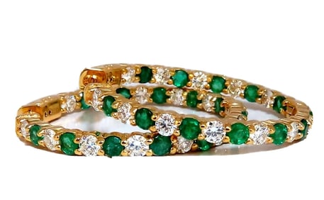 3.77ct natural emerald diamonds hoop earrings 14kt yellow gold inside out +