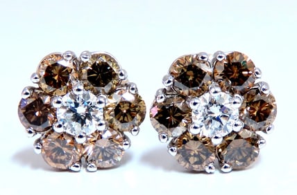 2.44ct. natural round diamond cluster earrings 14 karat Fancy Browns