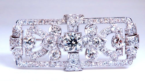 GIA Certified Natural Diamond Vintage Deco Pin Brooch Platinum 12418