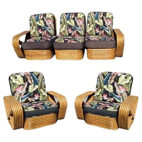 Restored Art Deco Six-Strand Stacked Rattan Sofa and Lounge ChairLiving Room set