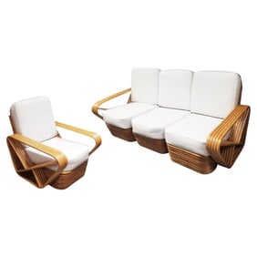 Restored Rattan Five Strand Square Pretzel Sofa and Lounge Chair Set