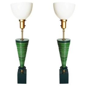 Mid-Century Ceramic Geometric Spiral Cone Table Lamp by Rembrandt, Pair