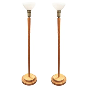 Russel Wright Style Hand-Carved Torchiere Floor Lamp, Pair