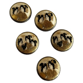 Late Meiji Era Hand Painted Geisha Satsuma Button Set of 5