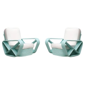 Restored pair Teal Square Pretzel Stacked Rattan Lounge Chairs Style of Frankl