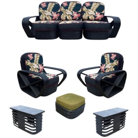 Restored 6 Strand Black Ash Table, Sofa, Lounge Chair Livingroom Set