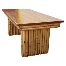 Restored Large 40" Rattan & Mahogany Coffee Table w/ Vertically Stacked Legs