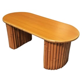 Restored Mahogany Coffee Table w/ Vertical Stacked Rattan Half Moon Pedestal Leg