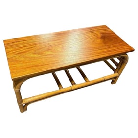 Restored 2-Tier Rattan Staple Base Coffee Table w/ Mahogany