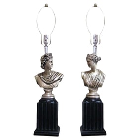 MCM High Style Hollywood Regency God & Goddess Pillar Table Lamps, Pair
