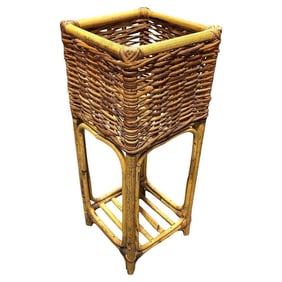 Mid Century Cubed Woven Rattan Pedestal Plant Stand