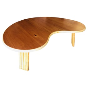 Restored Biomorphic Rattan & Mahogany Coffee Table W/ Tri Stacked Legs