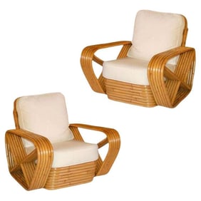 Restored Six Strand Square Pretzel Stacked Rattan Lounge Chair, Pair