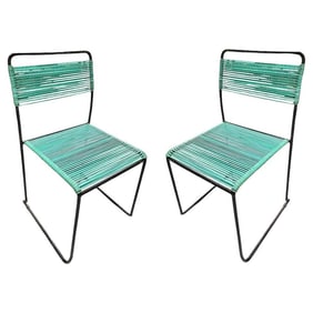 Pair of Walter Lamb Style Iron Blue Corded Outdoor Patio Side Chairs
