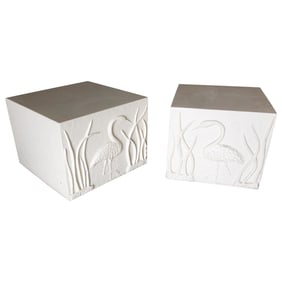 Large White Cube Pedestal Side Tables with Crane Relief, Pair of 1980s