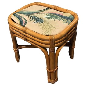 Restored Mid-century Rattan & Wicker Triple Arched Vanity Stool w/ Palm Fabric