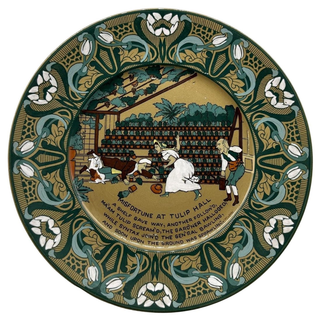 Buffalo Pottery Deldare "Misfortune at Tulip Hall" Plate: The title of this plate is "Misfortune at Tulip Hall" and it includes a short verse: "A shelf gave way, another follow'd, Ma'am Tulip screm'd, the gard'ner hallooed, while Syntax join'd the Gen'ral Ba