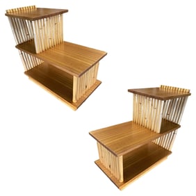 Restored Mid-Century Vertically Stacked Geometric Rattan Side Table, Mahogany